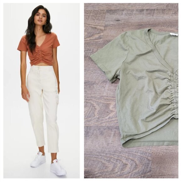 WILFRED FREE | Aritzia Levant T-Shirt Cotton Ruched Crop Top | Sz. S - Picture 1 of 5
